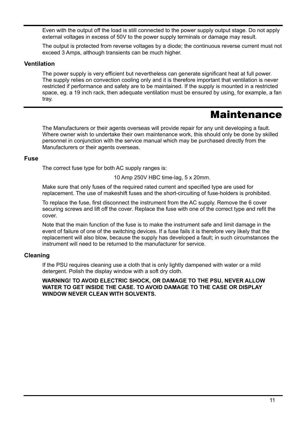 Ventilation, Maintenance, Fuse | Cleaning | Xantrex Technology XPF 35-10 User Manual | Page 12 / 40