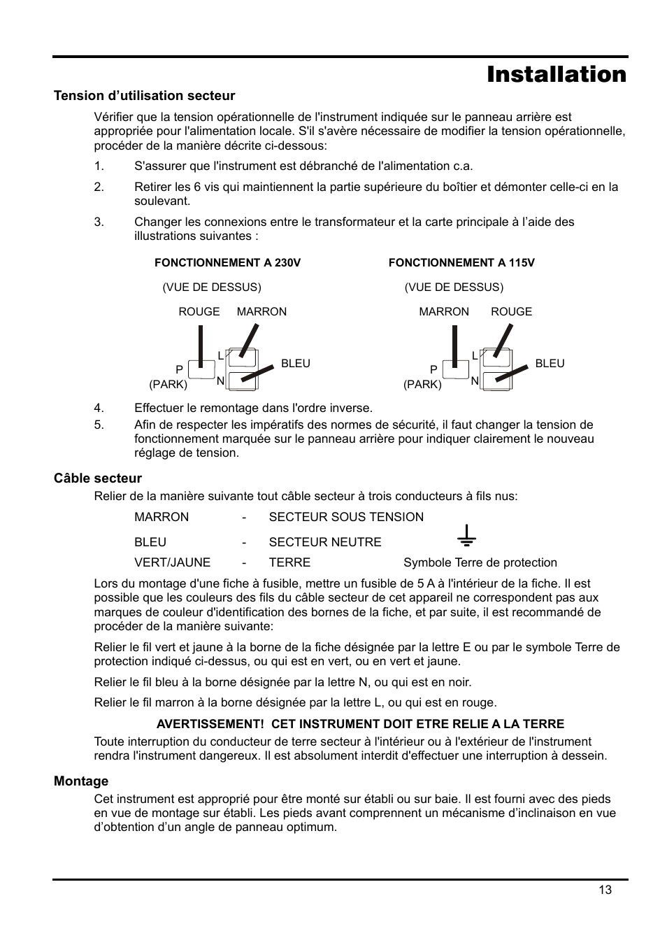 Installation, Tension d’utilisation secteur, Câble secteur | Montage | Xantrex Technology XPF 35-10 User Manual | Page 16 / 40