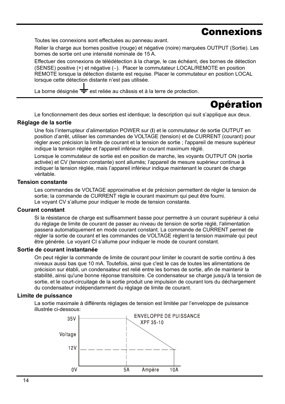 Connexions, Opération, Réglage de la sortie | Tension constante, Courant constant, Sortie de courant instantanée, Limite de puissance | Xantrex Technology XPF 35-10 User Manual | Page 17 / 40