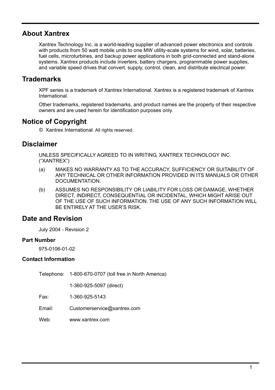 About xantrex, Trademarks, Notice of copyright | Disclaimer, Date and revision, Part number, Contact information | Xantrex Technology XPF 35-10 User Manual | Page 2 / 40