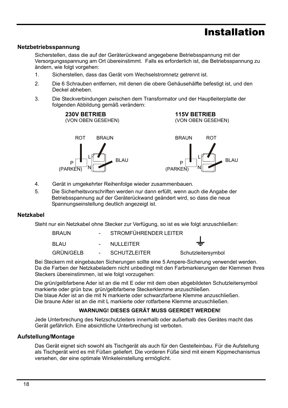 Installation, Netzbetriebsspannung, Netzkabel | Aufstellung/montage | Xantrex Technology XPF 35-10 User Manual | Page 21 / 40