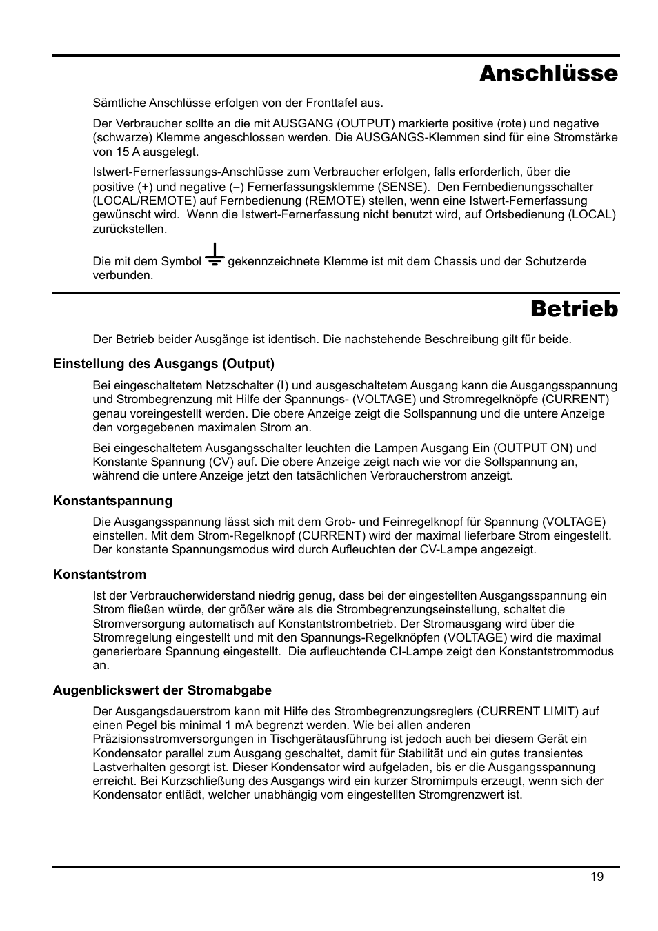 Anschlüsse, Betrieb, Einstellung des ausgangs (output) | Konstantspannung, Konstantstrom, Augenblickswert der stromabgabe | Xantrex Technology XPF 35-10 User Manual | Page 22 / 40