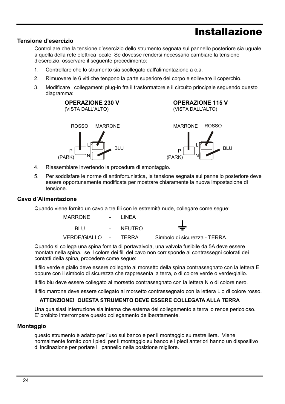 Installazione, Tensione d’esercizio, Cavo d’alimentazione | Montaggio | Xantrex Technology XPF 35-10 User Manual | Page 27 / 40