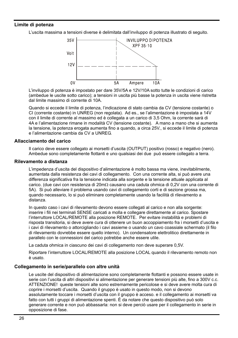 Limite di potenza, Allacciamento del carico, Rilevamento a distanza | Collegamento in serie/parallelo con altre unità | Xantrex Technology XPF 35-10 User Manual | Page 29 / 40