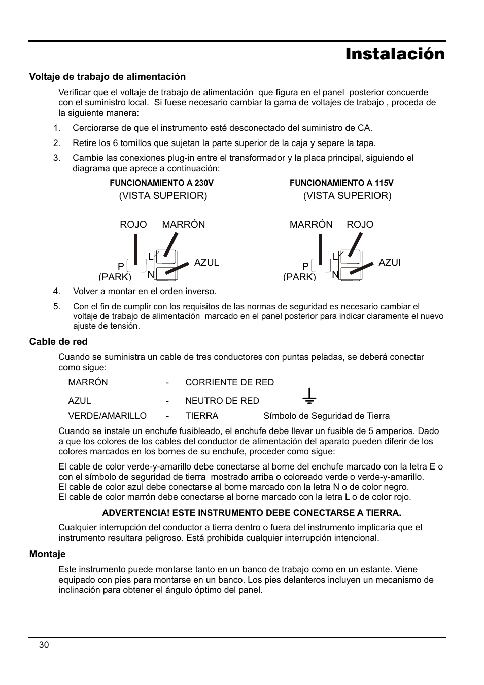 Instalación, Voltaje de trabajo de alimentación, Cable de red | Montaje | Xantrex Technology XPF 35-10 User Manual | Page 33 / 40