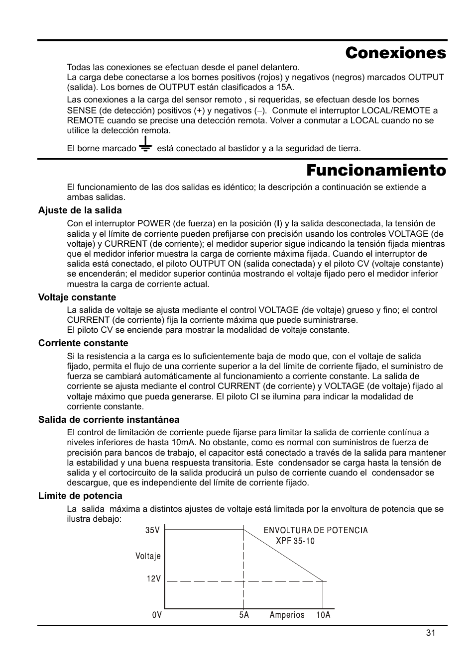 Conexiones, Funcionamiento, Ajuste de la salida | Voltaje constante, Corriente constante, Salida de corriente instantánea, Límite de potencia | Xantrex Technology XPF 35-10 User Manual | Page 34 / 40