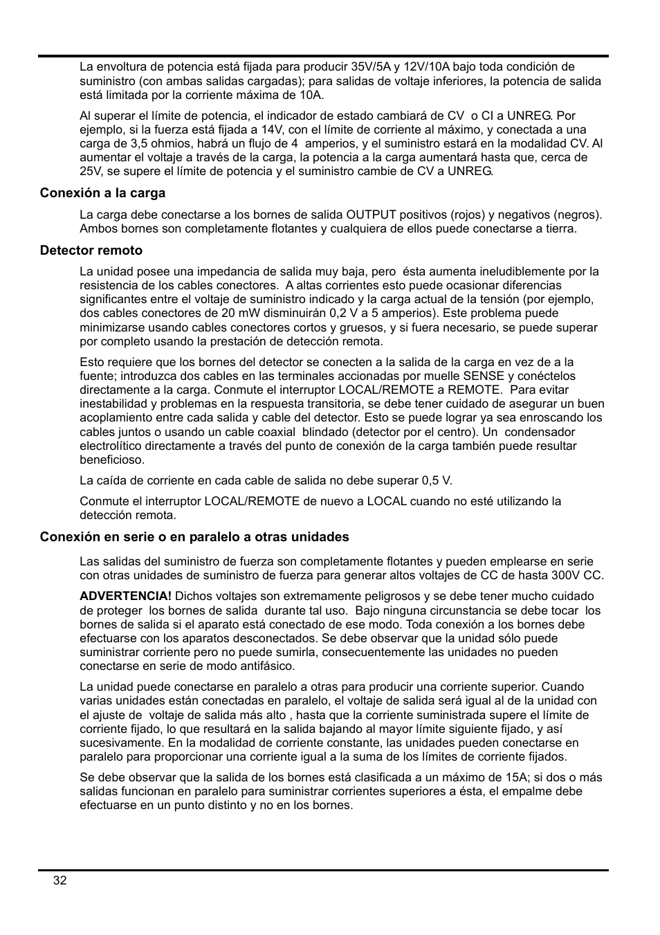 Conexión a la carga, Detector remoto, Conexión en serie o en paralelo a otras unidades | Xantrex Technology XPF 35-10 User Manual | Page 35 / 40