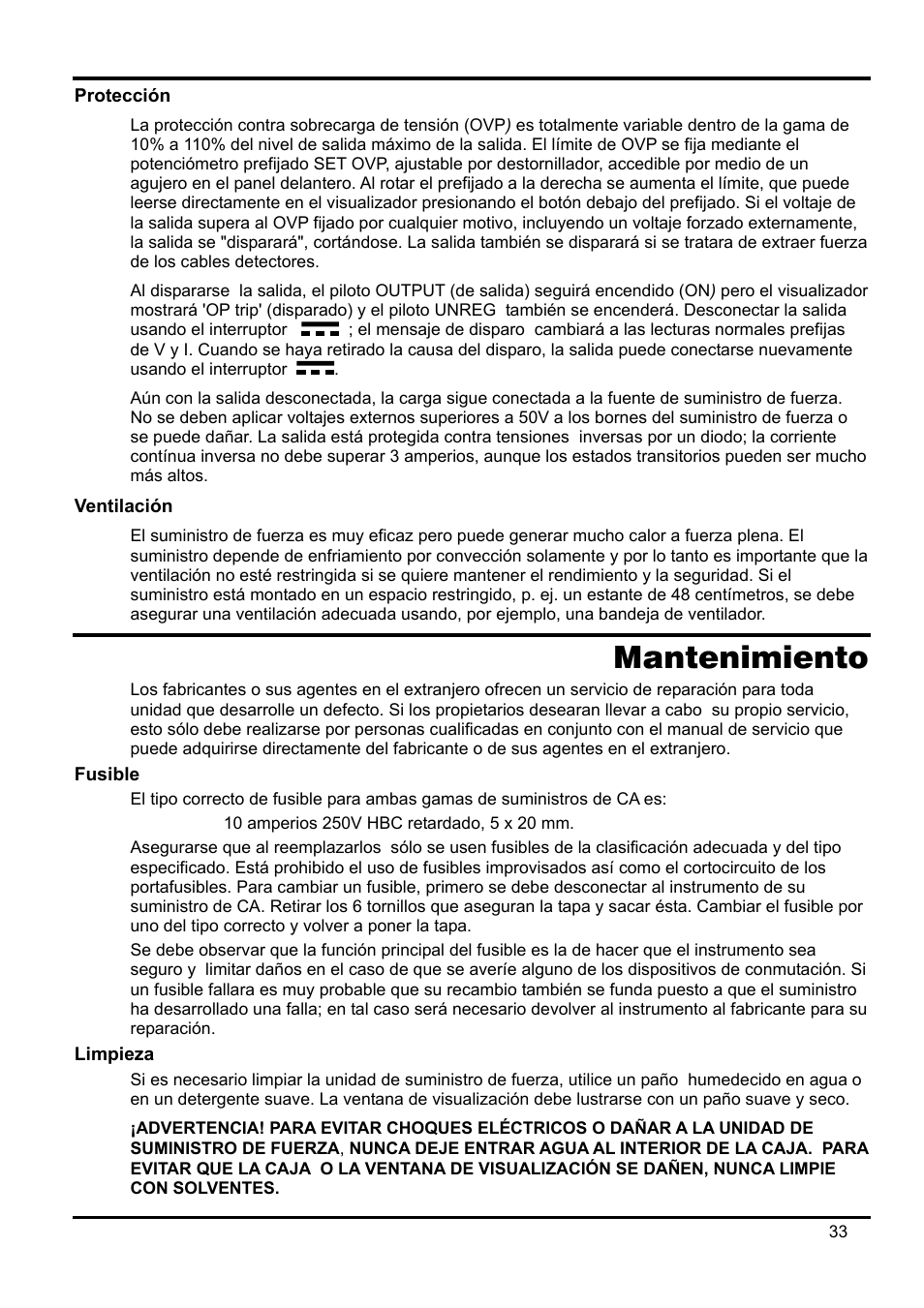 Protección, Ventilación, Mantenimiento | Fusible, Limpieza | Xantrex Technology XPF 35-10 User Manual | Page 36 / 40
