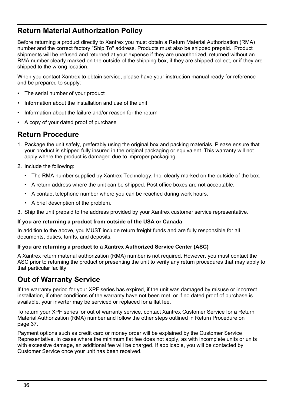Return material authorization policy, Return procedure, Out of warranty service | Xantrex Technology XPF 35-10 User Manual | Page 39 / 40