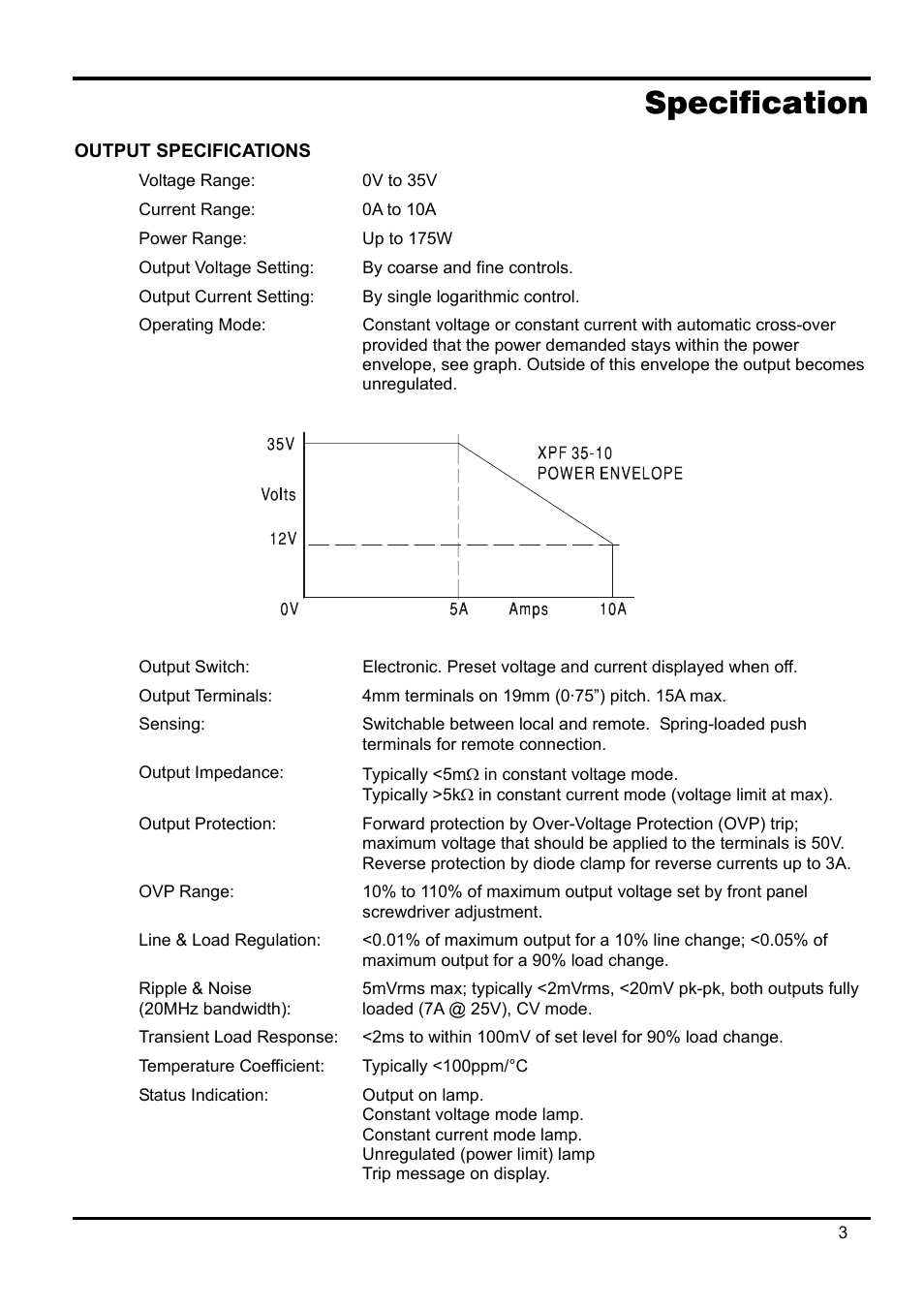 Specification, Output specifications | Xantrex Technology XPF 35-10 User Manual | Page 4 / 40