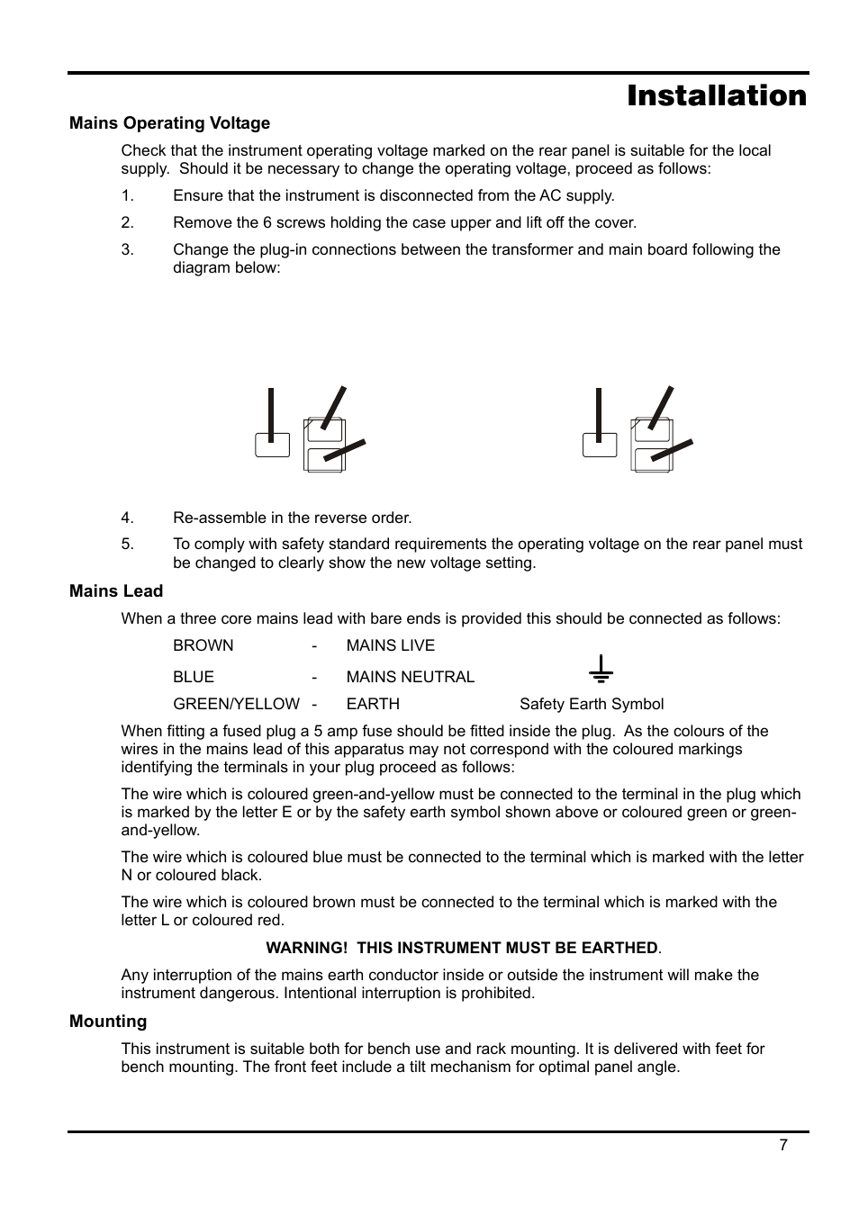 Installation, Mains operating voltage, Mains lead | Mounting | Xantrex Technology XPF 35-10 User Manual | Page 8 / 40