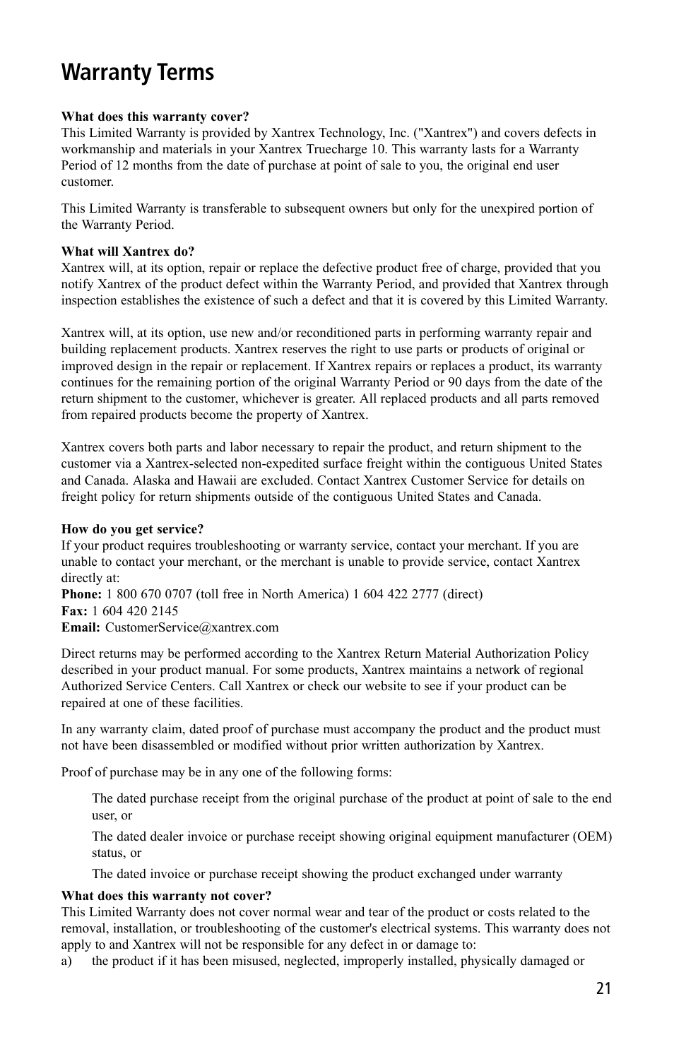 Warranty terms | Xantrex Technology TC10 User Manual | Page 21 / 26