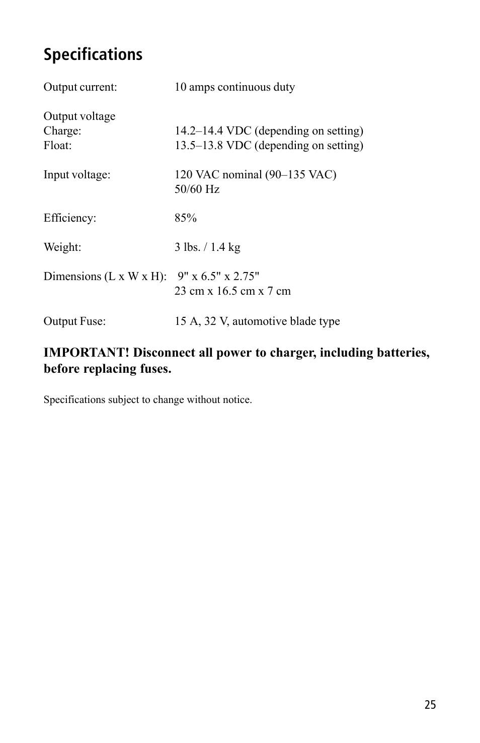Specifications | Xantrex Technology TC10 User Manual | Page 25 / 26