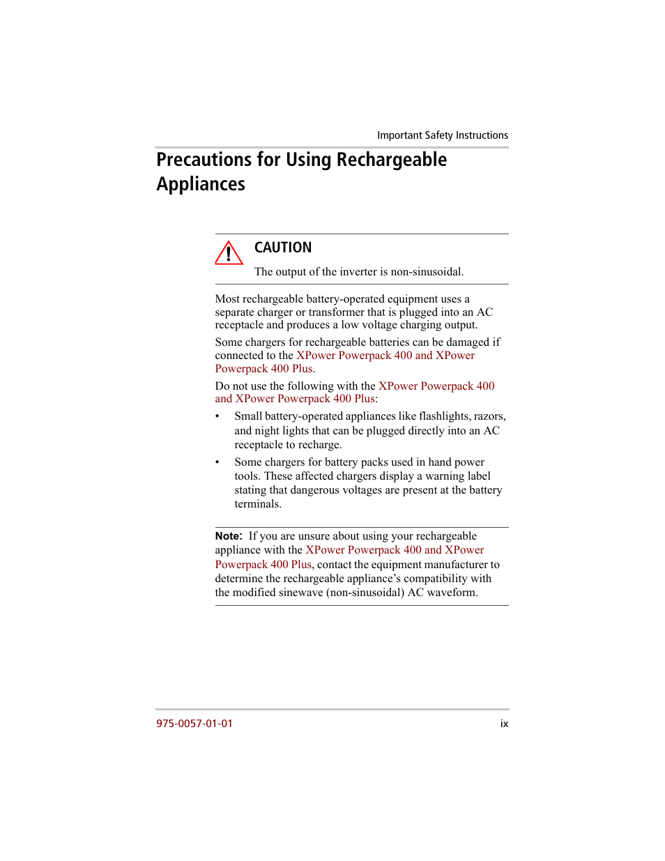 Precautions for using rechargeable appliances, Caution | Xantrex Technology 200 User Manual | Page 11 / 76