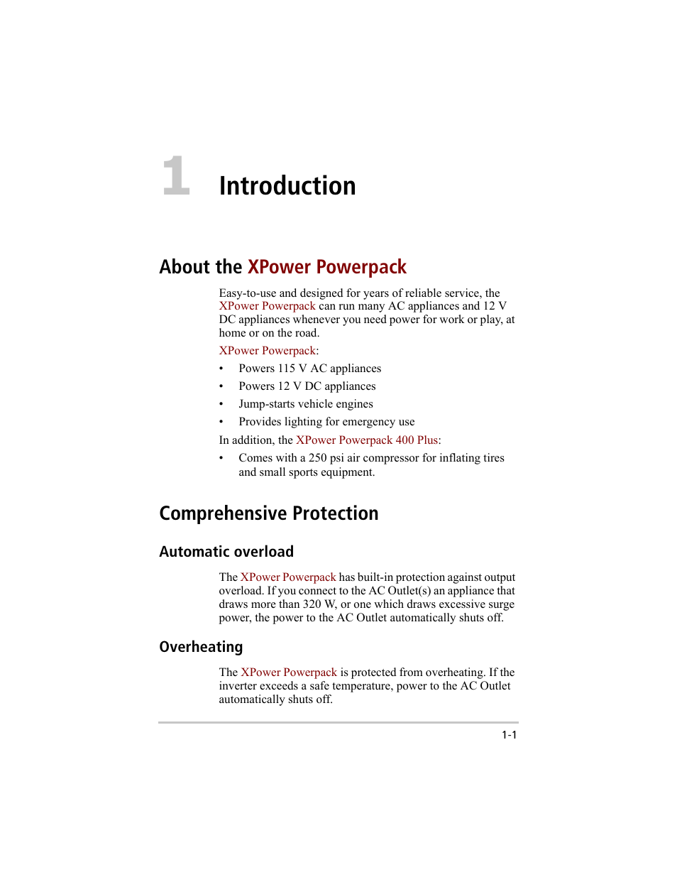 Automatic overload, Overheating, Introduction | About the, Comprehensive protection –1, Automatic overload –1 overheating –1, About the xpower powerpack, Comprehensive protection | Xantrex Technology 200 User Manual | Page 17 / 76
