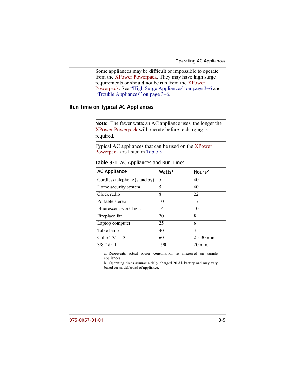 Run time on typical ac appliances, Run time on typical ac appliances –5 | Xantrex Technology 200 User Manual | Page 31 / 76