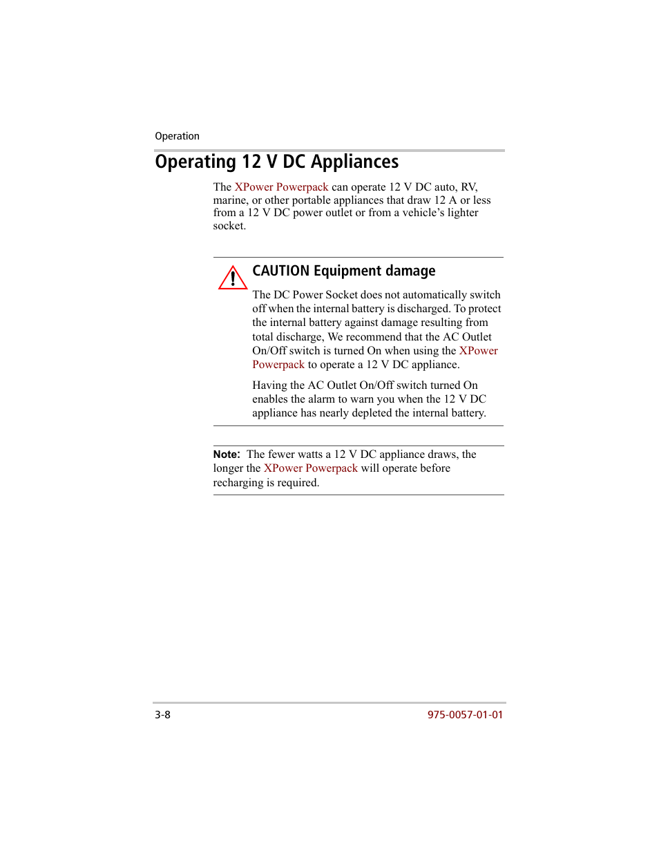 Operating 12 v dc appliances –8, Operating 12 v dc appliances, Caution equipment damage | Xantrex Technology 200 User Manual | Page 34 / 76