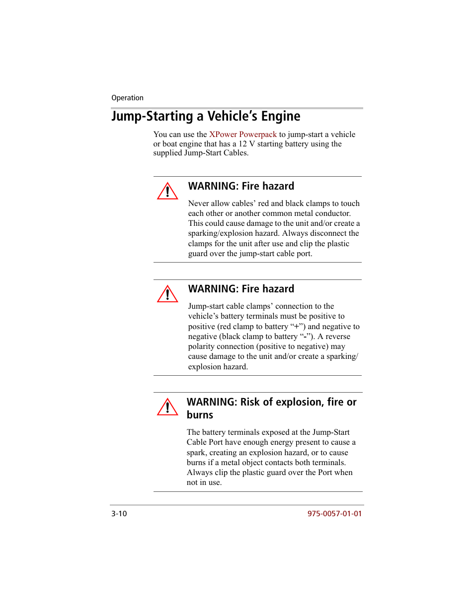 Jump-starting a vehicle’s engine –10, Jump-starting a vehicle’s engine | Xantrex Technology 200 User Manual | Page 36 / 76