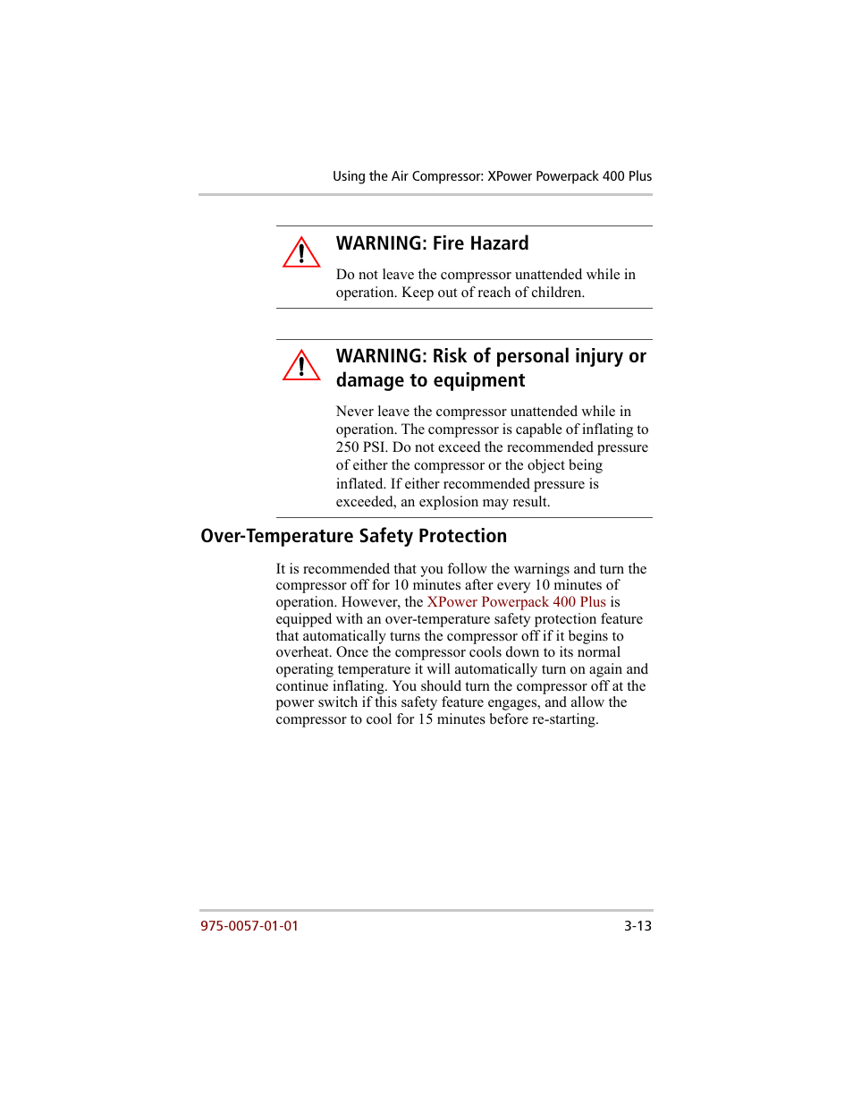 Over-temperature safety protection, Over-temperature safety protection –13, Warning: fire hazard | Xantrex Technology 200 User Manual | Page 39 / 76