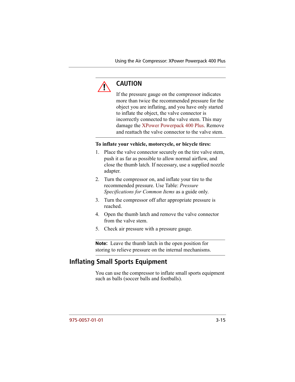 Inflating small sports equipment, Inflating small sports equipment –15, Caution | Xantrex Technology 200 User Manual | Page 41 / 76