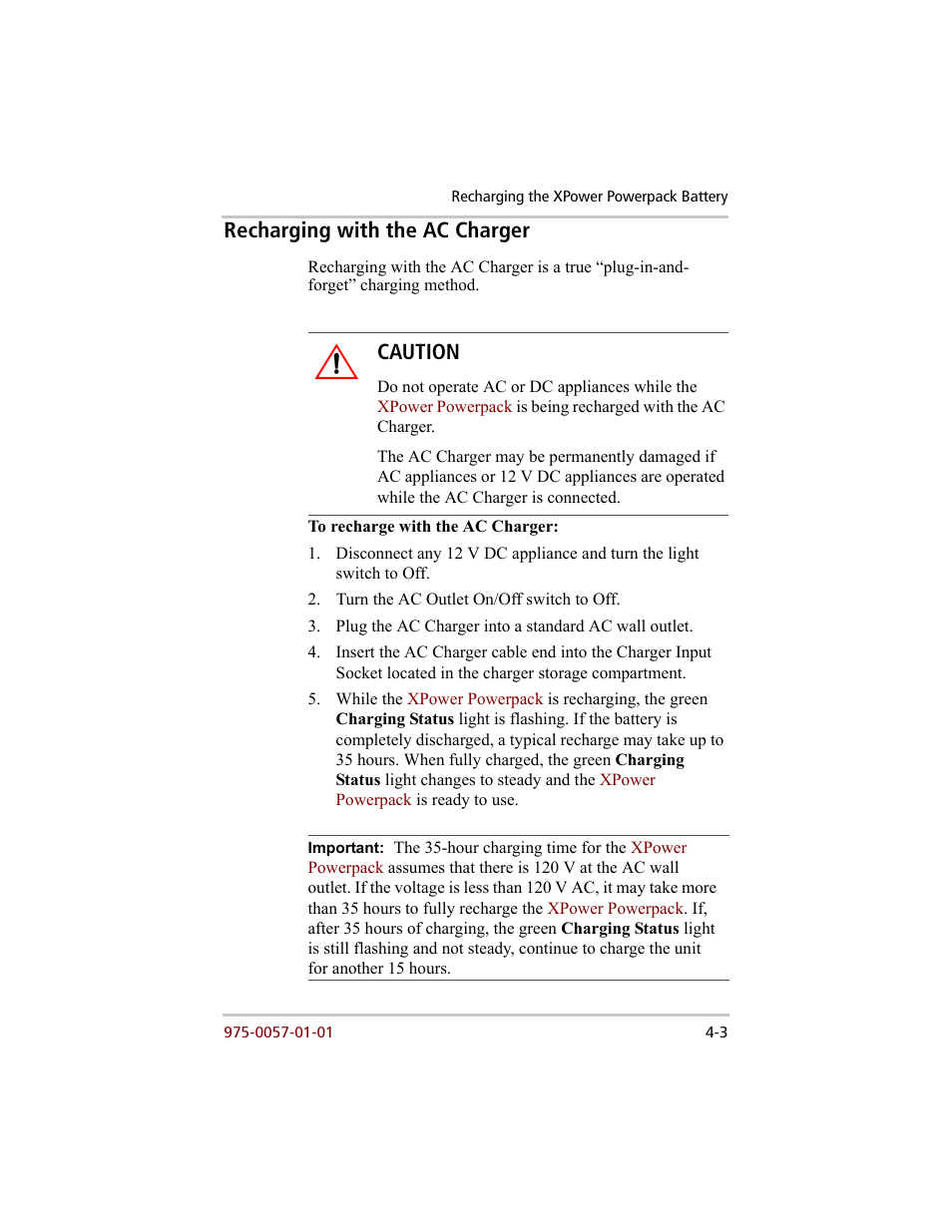 Recharging with the ac charger, Recharging with the ac charger –3, Caution | Xantrex Technology 200 User Manual | Page 49 / 76