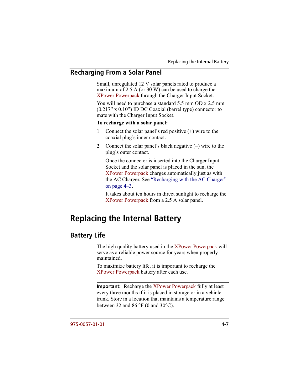 Recharging from a solar panel, Battery life, Recharging from a solar panel –7 | Replacing the internal battery –7, Battery life –7, Replacing the internal battery | Xantrex Technology 200 User Manual | Page 53 / 76