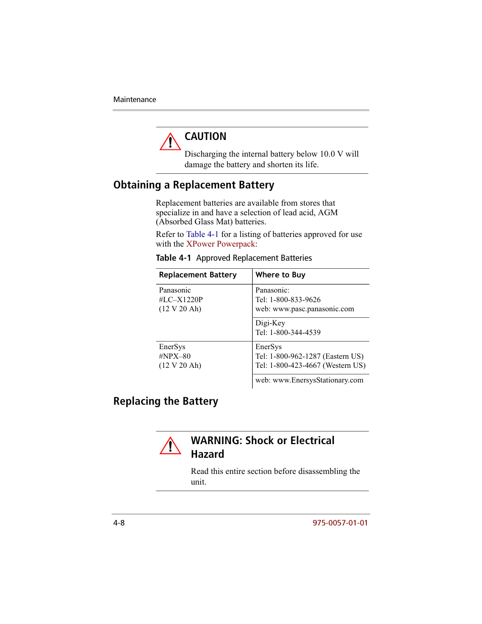 Obtaining a replacement battery, Replacing the battery, Obtaining a replacement battery –8 | Replacing the battery –8, Replacing the battery caution, Warning: shock or electrical hazard | Xantrex Technology 200 User Manual | Page 54 / 76