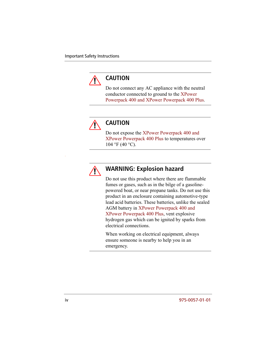 Caution, Warning: explosion hazard | Xantrex Technology 200 User Manual | Page 6 / 76