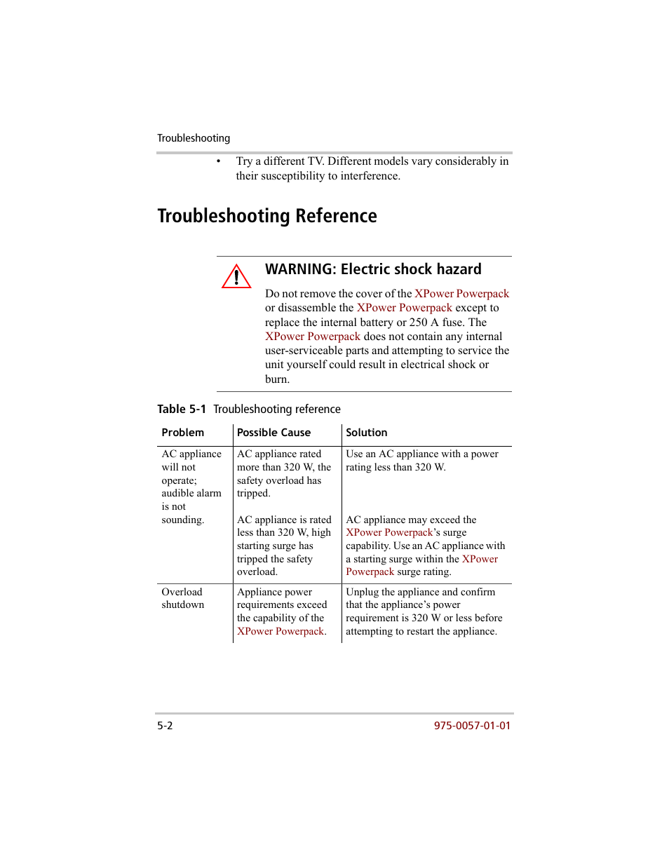 Troubleshooting reference –2, Troubleshooting reference, Warning: electric shock hazard | Xantrex Technology 200 User Manual | Page 60 / 76