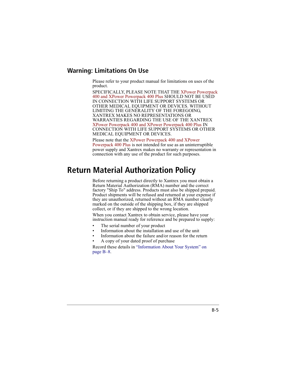 Return material authorization policy, Warning: limitations on use | Xantrex Technology 200 User Manual | Page 73 / 76