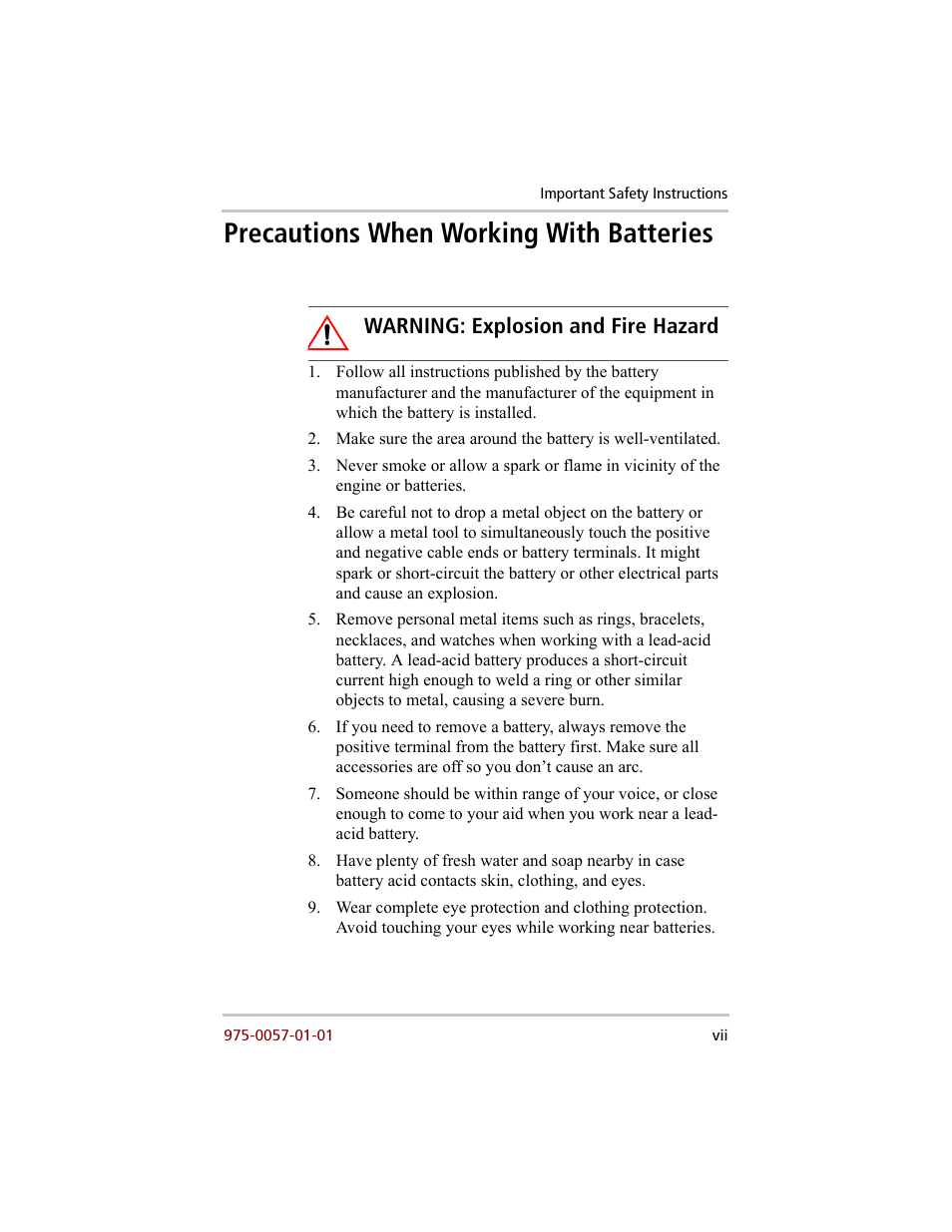 Precautions when working with batteries, Warning: explosion and fire hazard | Xantrex Technology 200 User Manual | Page 9 / 76