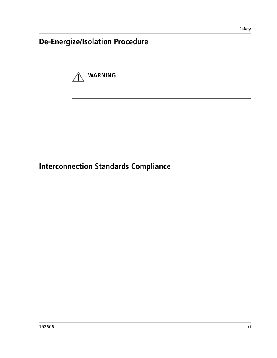 De-energize/isolation procedure, Interconnection standards compliance, Warning | Xantrex Technology PV225S-480-P User Manual | Page 13 / 86