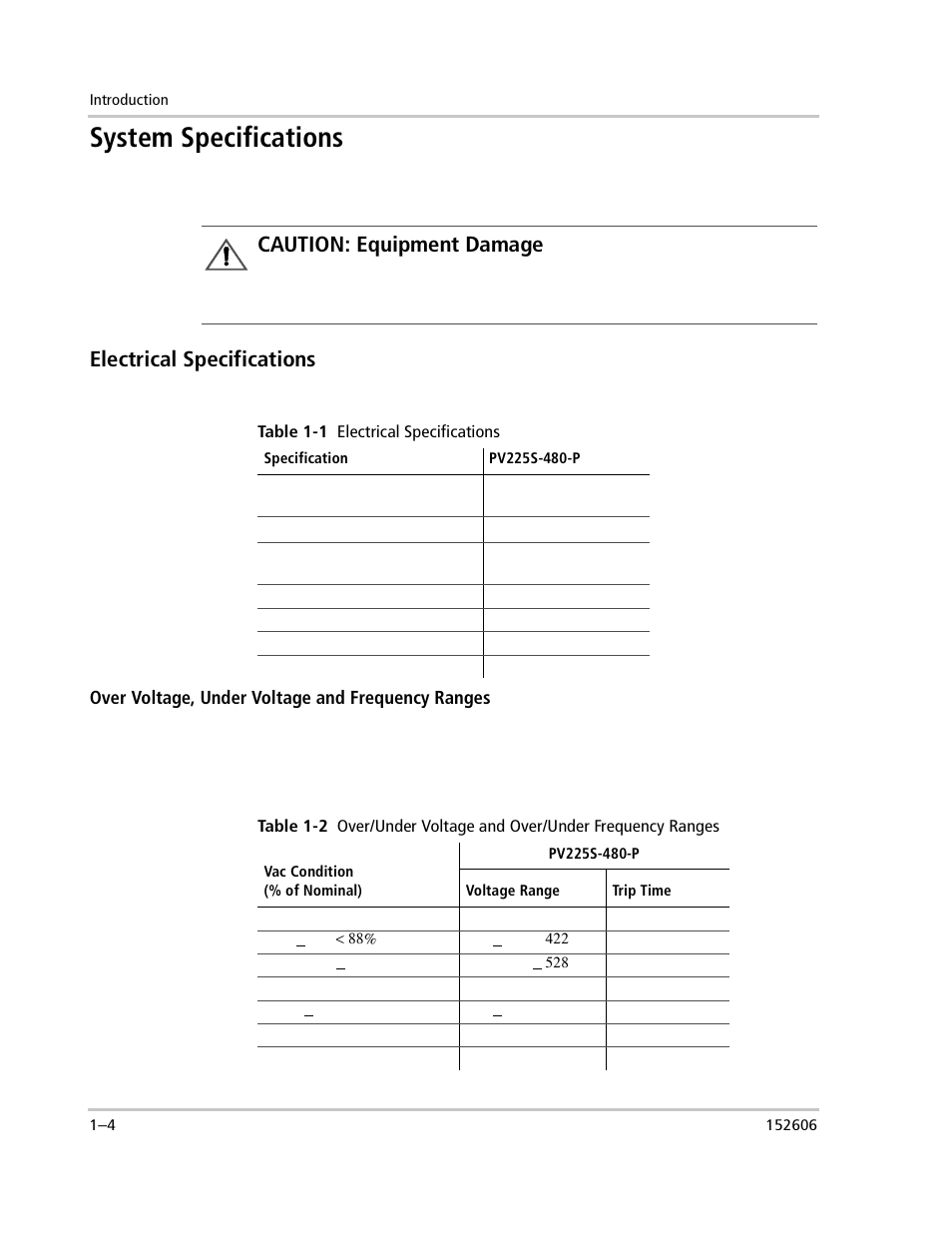 System specifications, Electrical specifications, Caution: equipment damage | Xantrex Technology PV225S-480-P User Manual | Page 24 / 86