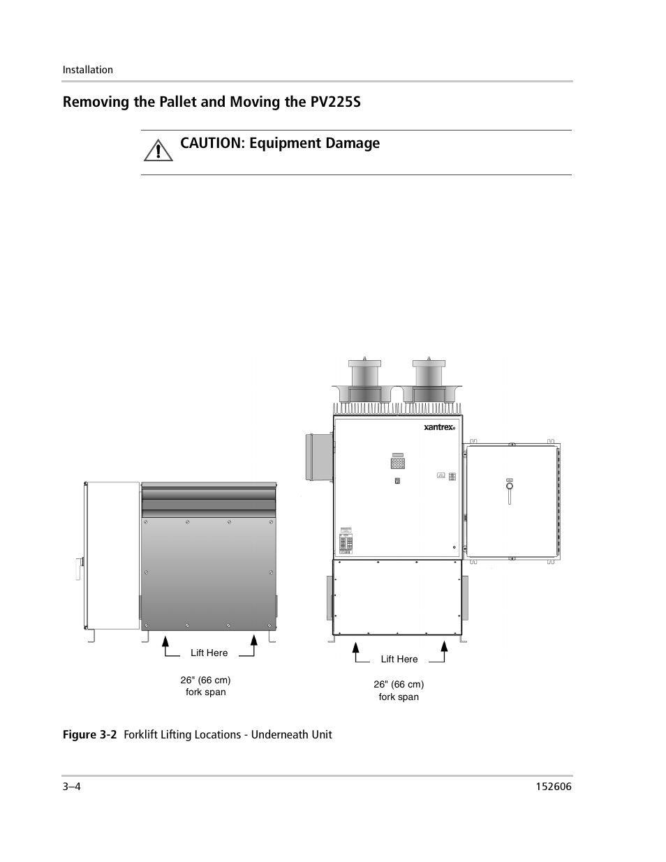 Removing the pallet and moving the pv225s, Caution: equipment damage | Xantrex Technology PV225S-480-P User Manual | Page 52 / 86