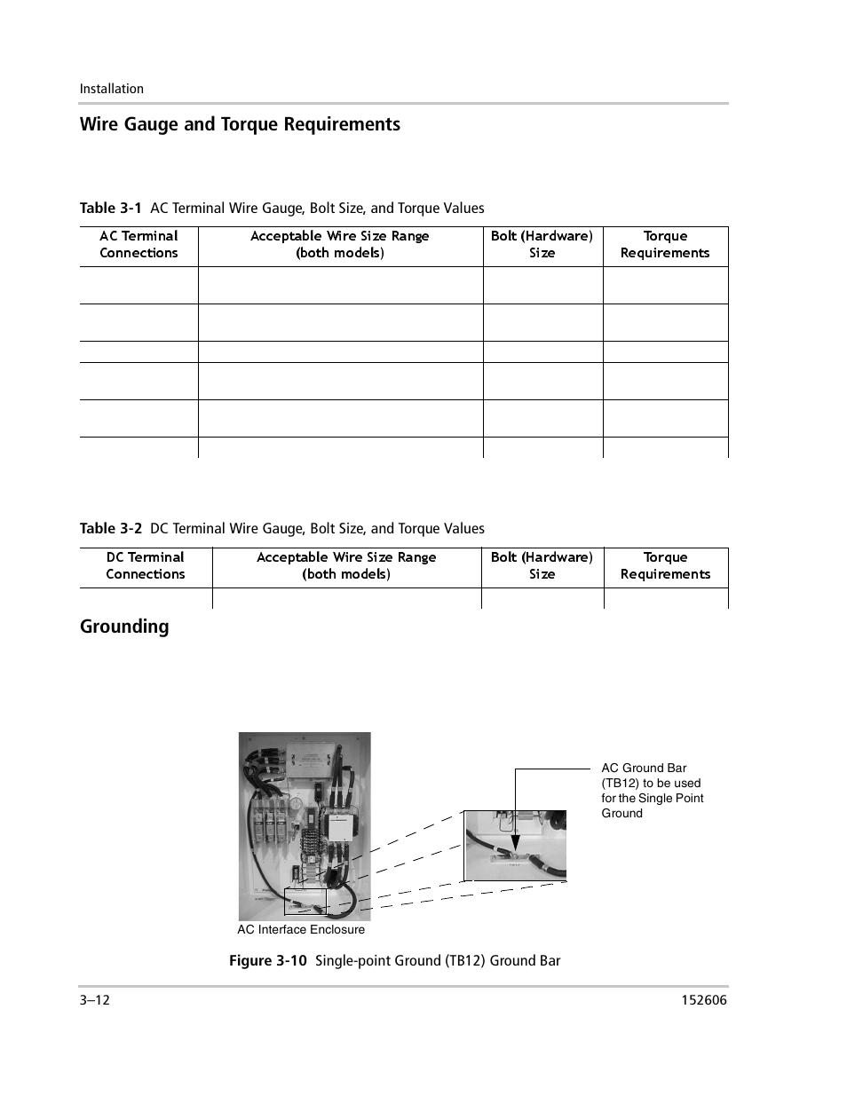 Wire gauge and torque requirements, Grounding | Xantrex Technology PV225S-480-P User Manual | Page 60 / 86