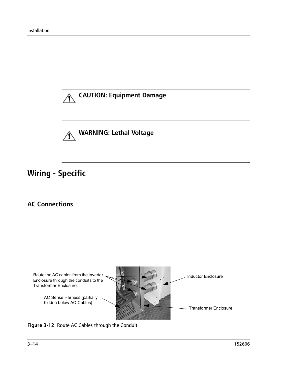 Wiring - specific, Ac connections, Caution: equipment damage | Warning: lethal voltage | Xantrex Technology PV225S-480-P User Manual | Page 62 / 86