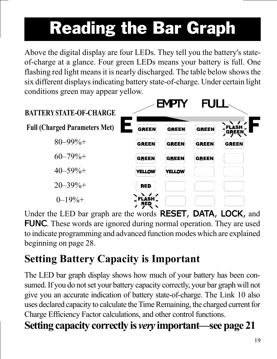 Reading the bar graph, Setting battery capacity is important, Empty | Empty full full full full full | Xantrex Technology LINK 10 User Manual | Page 19 / 60