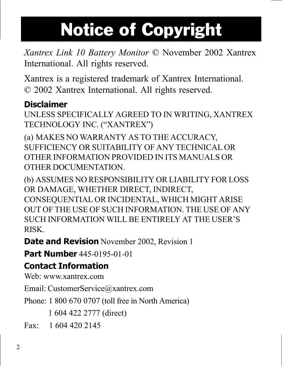 Notice of copyright | Xantrex Technology LINK 10 User Manual | Page 2 / 60