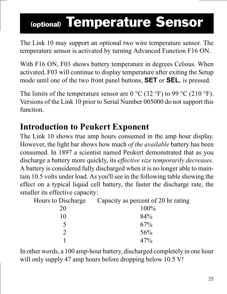 Temperature sensor, Introduction to peukert exponent | Xantrex Technology LINK 10 User Manual | Page 25 / 60