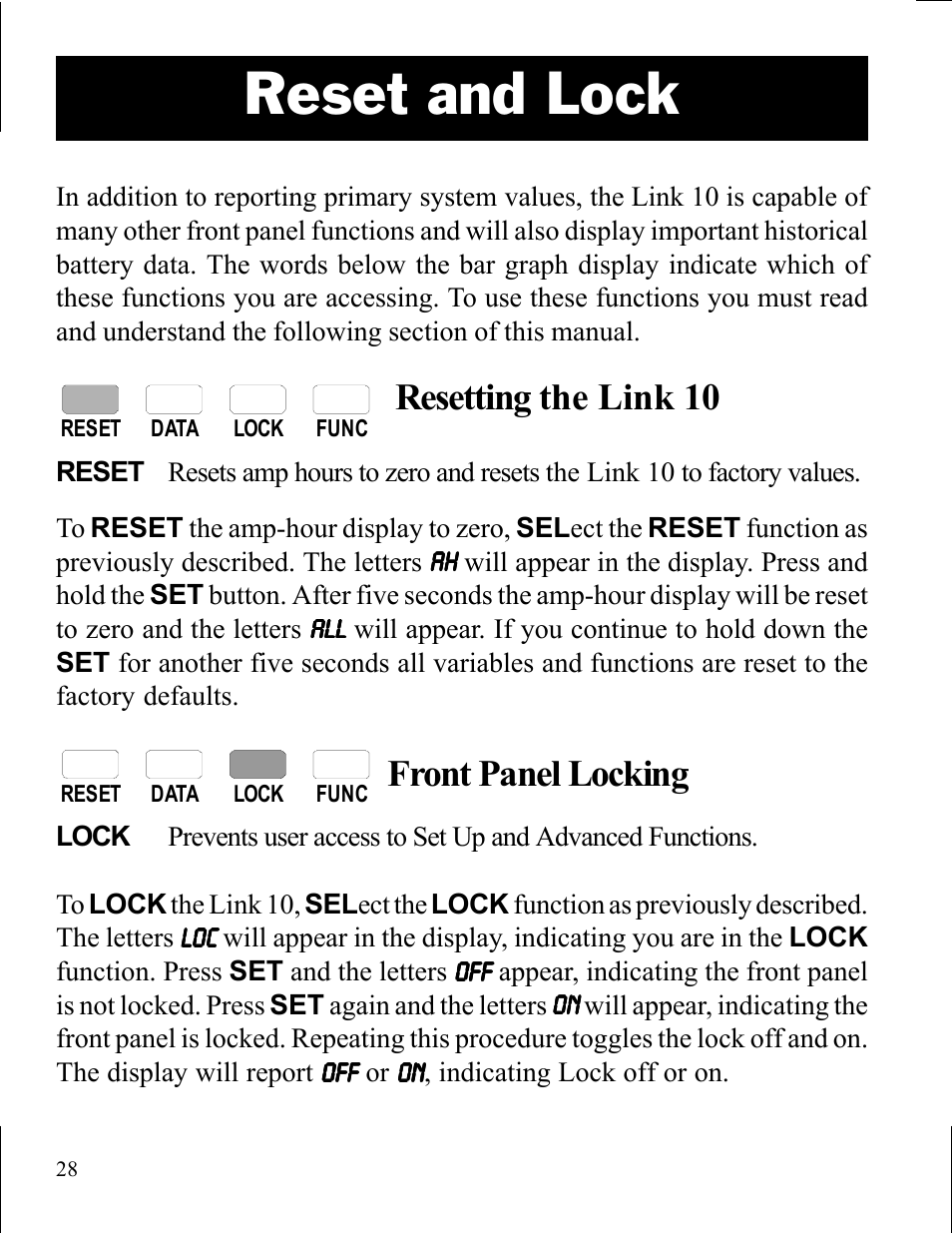 Reset and lock, Resetting the link 10, Front panel locking | Xantrex Technology LINK 10 User Manual | Page 28 / 60