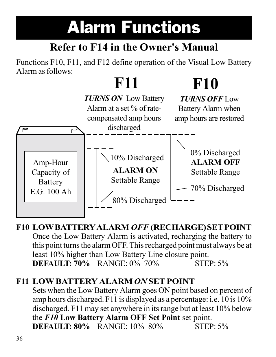Alarm functions, Refer to f14 in the owner's manual | Xantrex Technology LINK 10 User Manual | Page 36 / 60