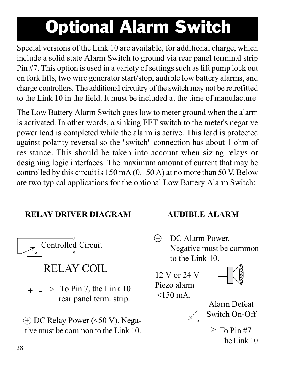 Optional alarm switch, Relay coil, Audible alarm relay driver diagram | Xantrex Technology LINK 10 User Manual | Page 38 / 60