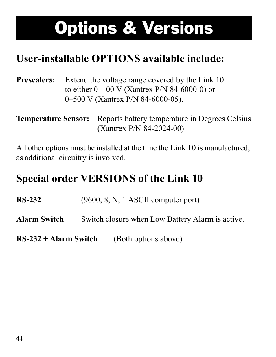 Options & versions, User-installable options available include, Special order versions of the link 10 | Xantrex Technology LINK 10 User Manual | Page 44 / 60