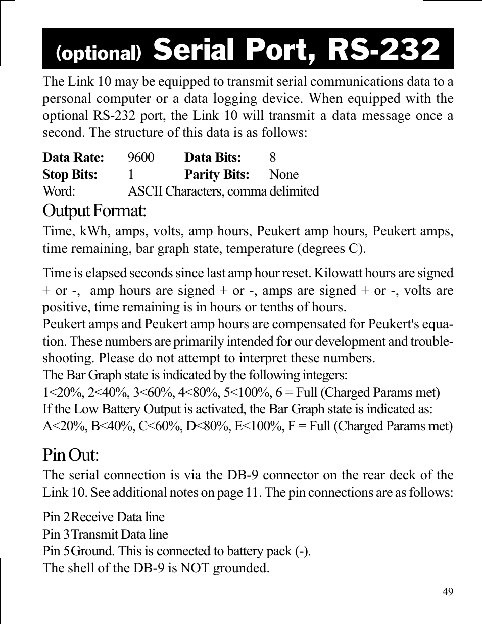 Serial port, rs-232, Optional), Output format | Pin out | Xantrex Technology LINK 10 User Manual | Page 49 / 60