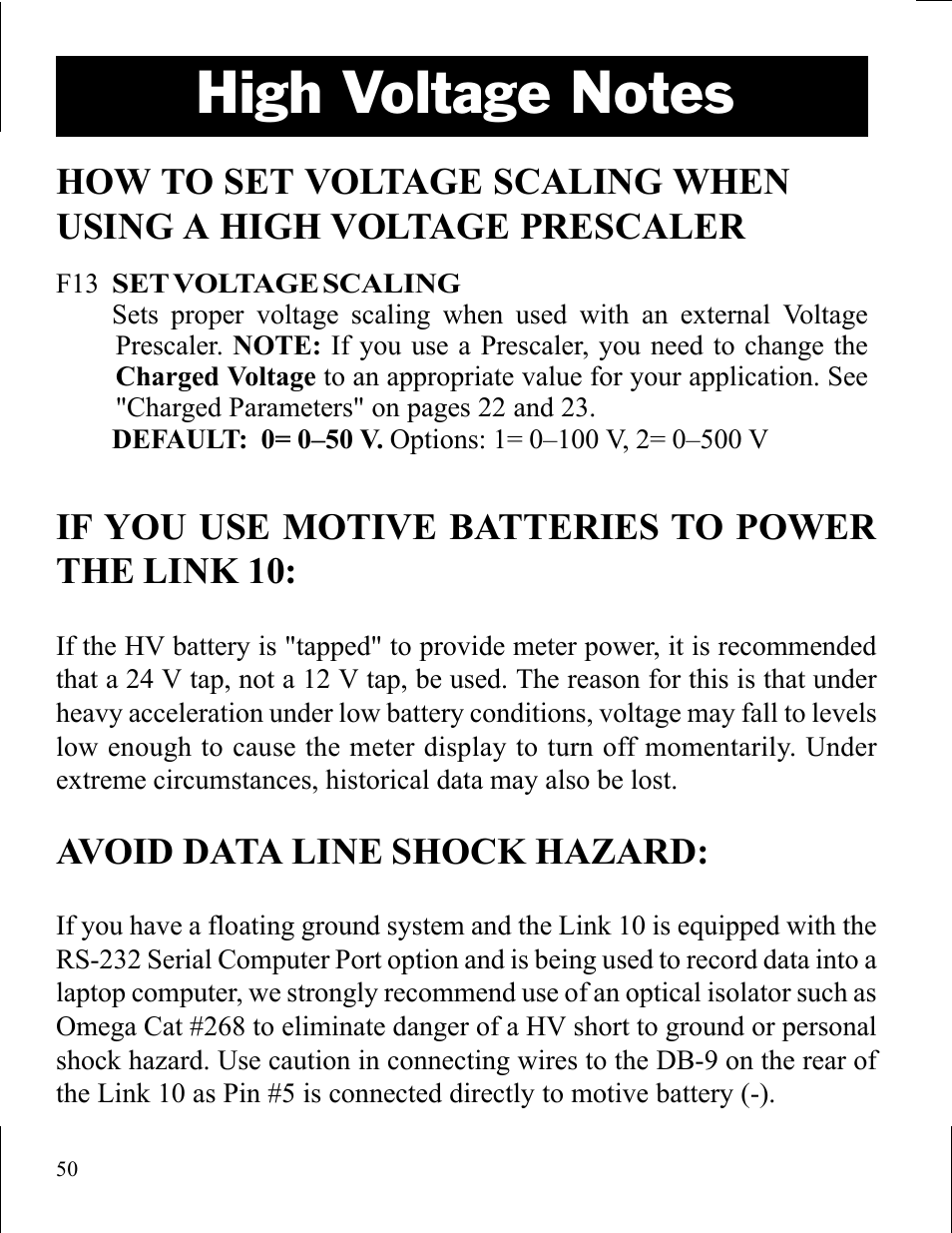 If you use motive batteries to power the link 10, Avoid data line shock hazard | Xantrex Technology LINK 10 User Manual | Page 50 / 60