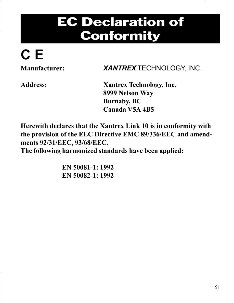Ec declaration of conformity | Xantrex Technology LINK 10 User Manual | Page 51 / 60
