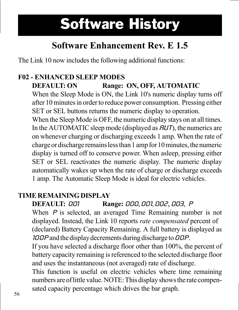 Software history, Software enhancement rev. e 1.5 | Xantrex Technology LINK 10 User Manual | Page 56 / 60