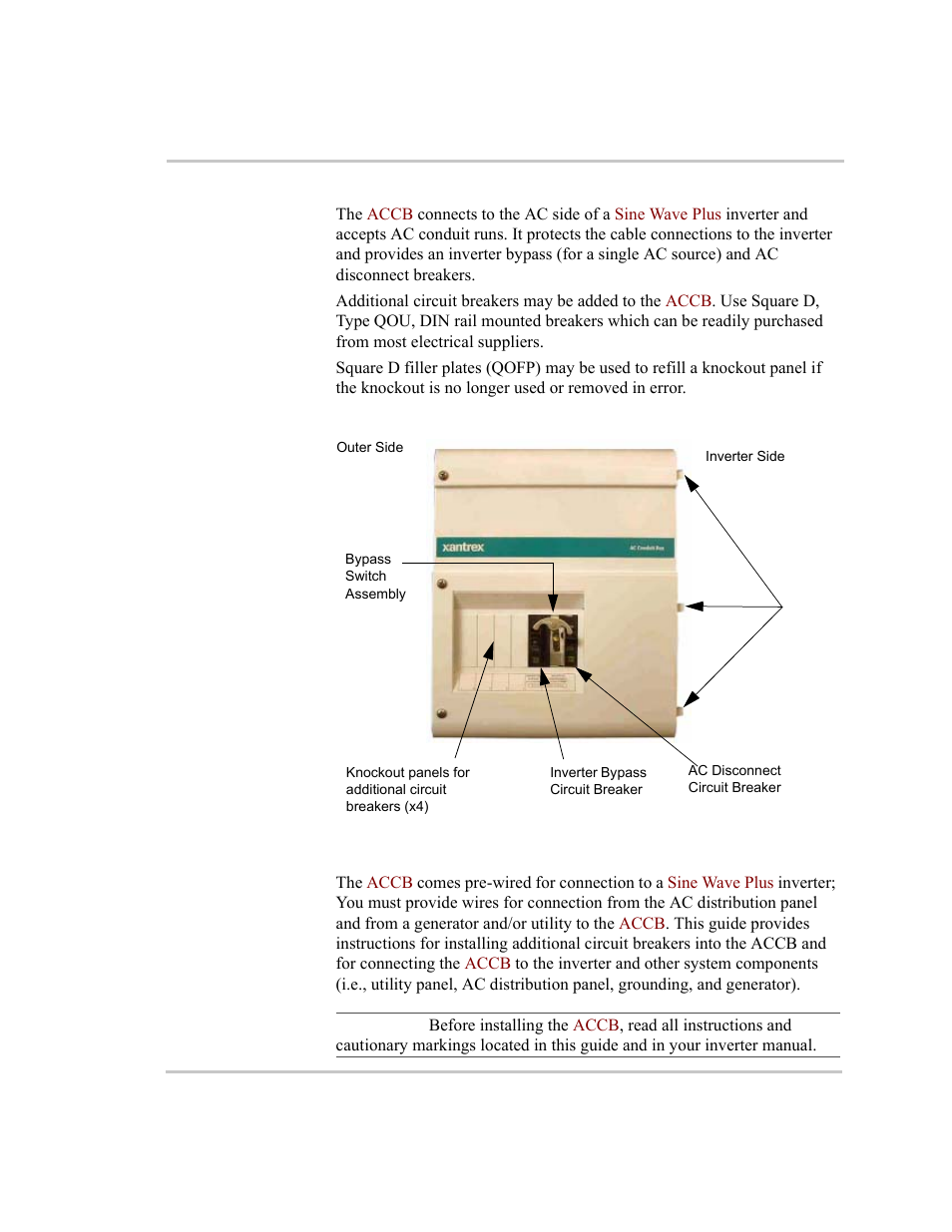 Introduction, Introduction –2, Figure 1-1 | Ac conduit box, front view –2 | Xantrex Technology ACCB User Manual | Page 14 / 66