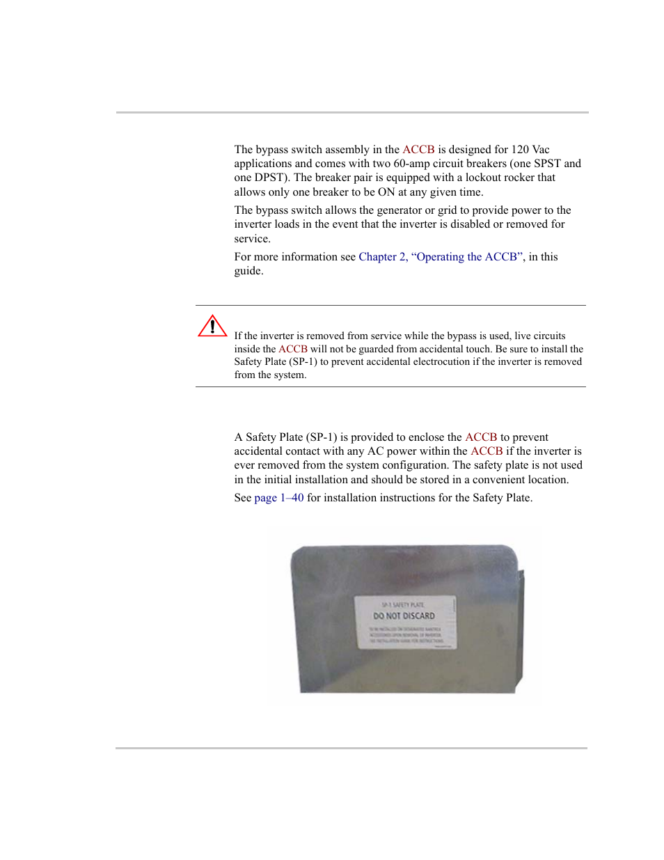 Bypass switch assembly, Safety plate (sp-1), Bypass switch assembly –4 safety plate (sp-1) –4 | Figure 1-3, Safety plate sp-1 –4, Warning: electrical hazard | Xantrex Technology ACCB User Manual | Page 16 / 66