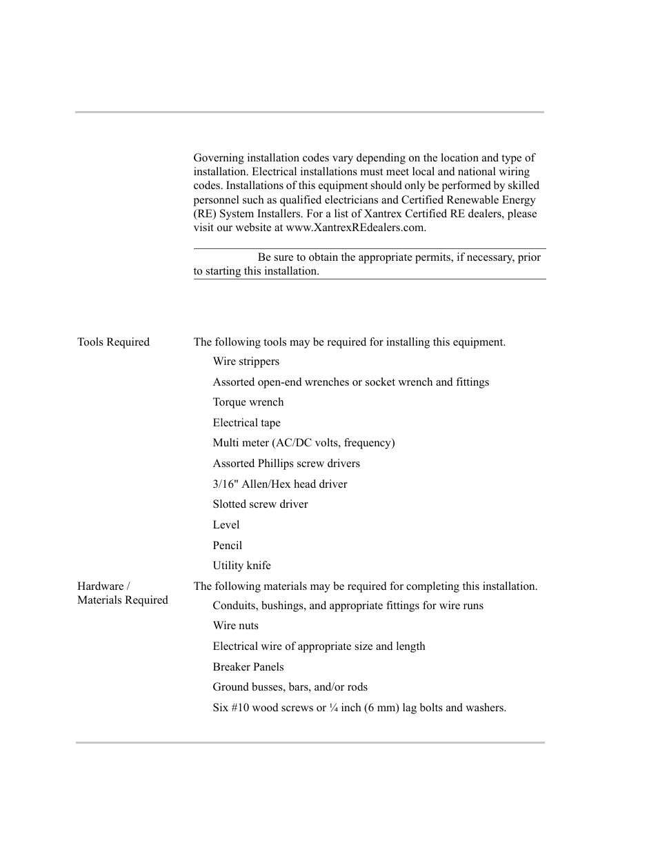 Code compliance, Installation tools and materials | Xantrex Technology ACCB User Manual | Page 17 / 66